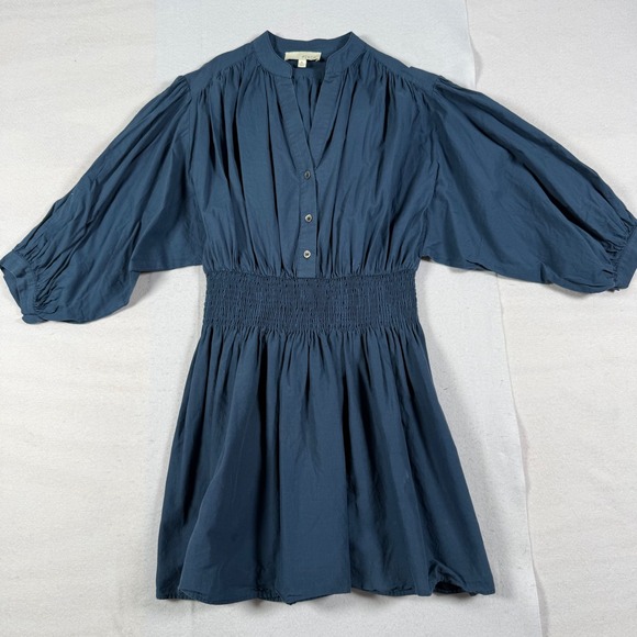 Pinch Women Blue Cotton Smocked Waist Puff Sleeve Mini Dress Size Small - Picture 2 of 8